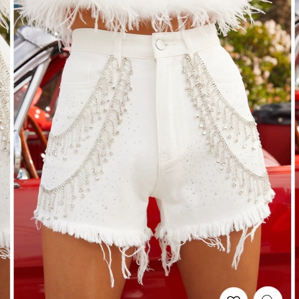 12th tribe Love the Thing White Denim Rhinestone shorts